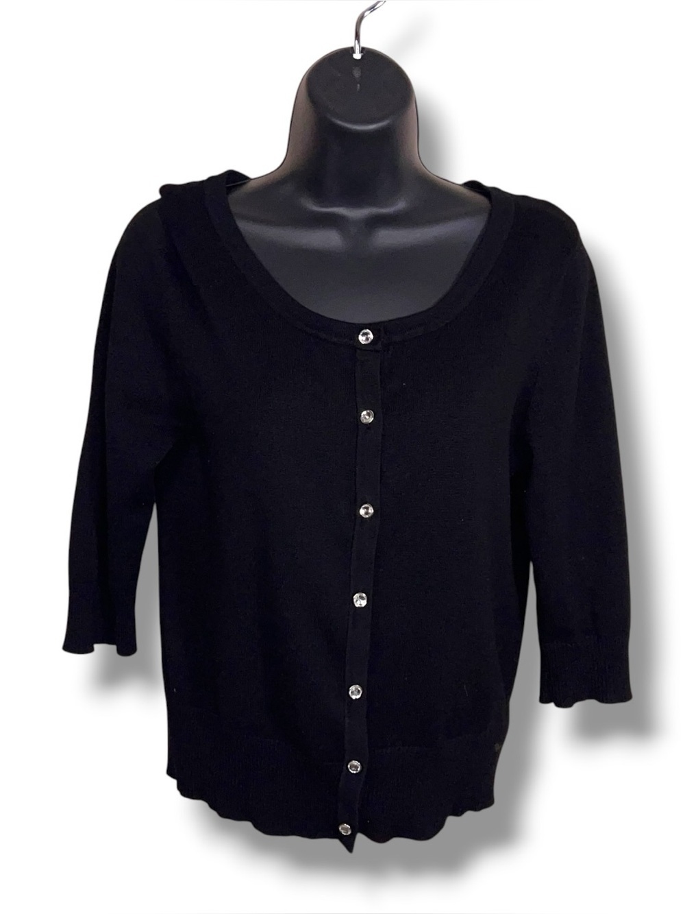 Y2K Juniors Large Wet Seal Black Cardigan Sweater 3/4 Sleeve Knit Gem Button